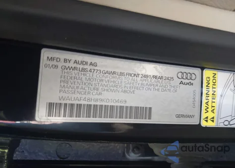 2009 Audi A4 2.0T Special Edition from USA, damaged, VIN WAUAF48H89K010469